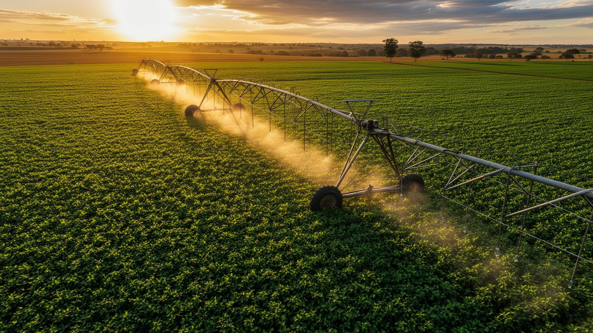 Pivô de irrigação em funcionamento ao pôr do sol